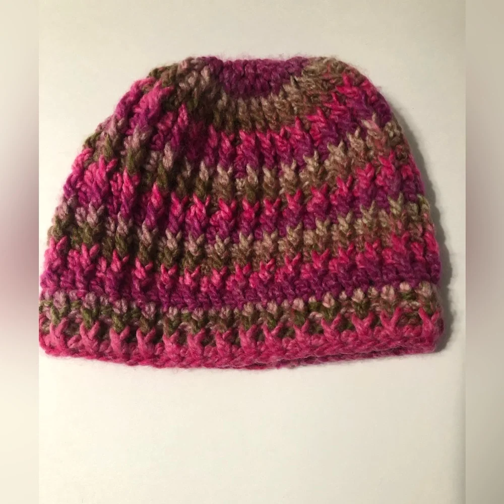 Handmade crochet knit winter‎ hat with pony hole pink and brown tones fits women